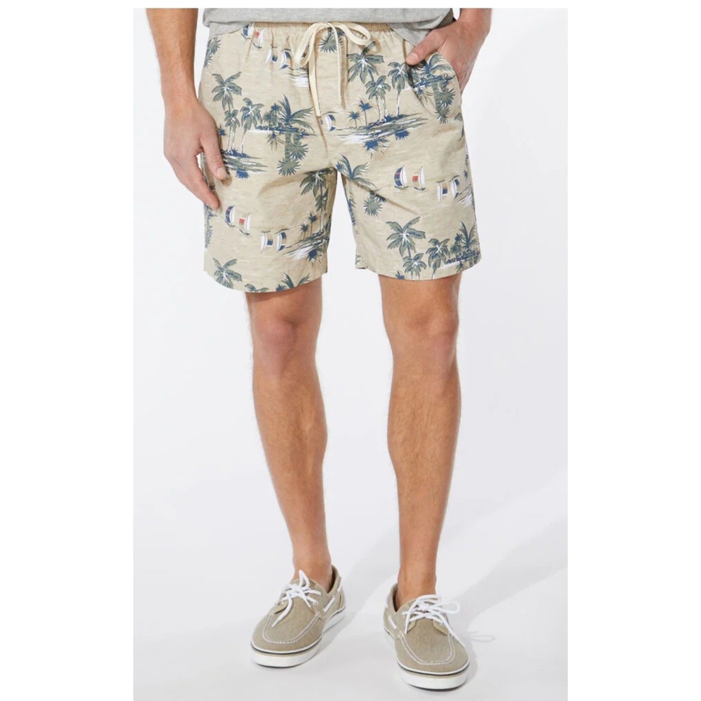 Nautica Shorts Mens 3XL Tan Tropical Palm Sailboat Classic Fit Preppy Resortwear